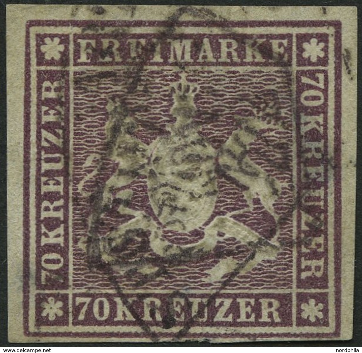 WÜRTTEMBERG 42a O, 1873, 70 Kr. Braunlila, Unten Schmal Sonst Vollrandig, Zwei Helle Stellen Sonst Pracht, Gepr. Pfennin - Andere & Zonder Classificatie