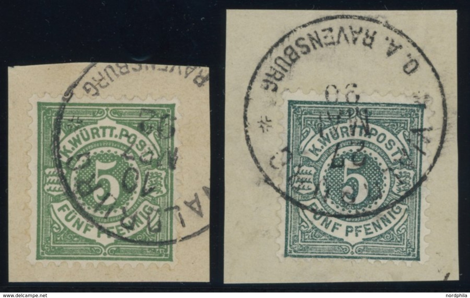 WÜRTTEMBERG 56a,b BrfStk, 1890, 5 Pf., Beide Farben, Mit Seltenem Stempel WALDBURG, 2 Prachtbriefstücke - Andere & Zonder Classificatie