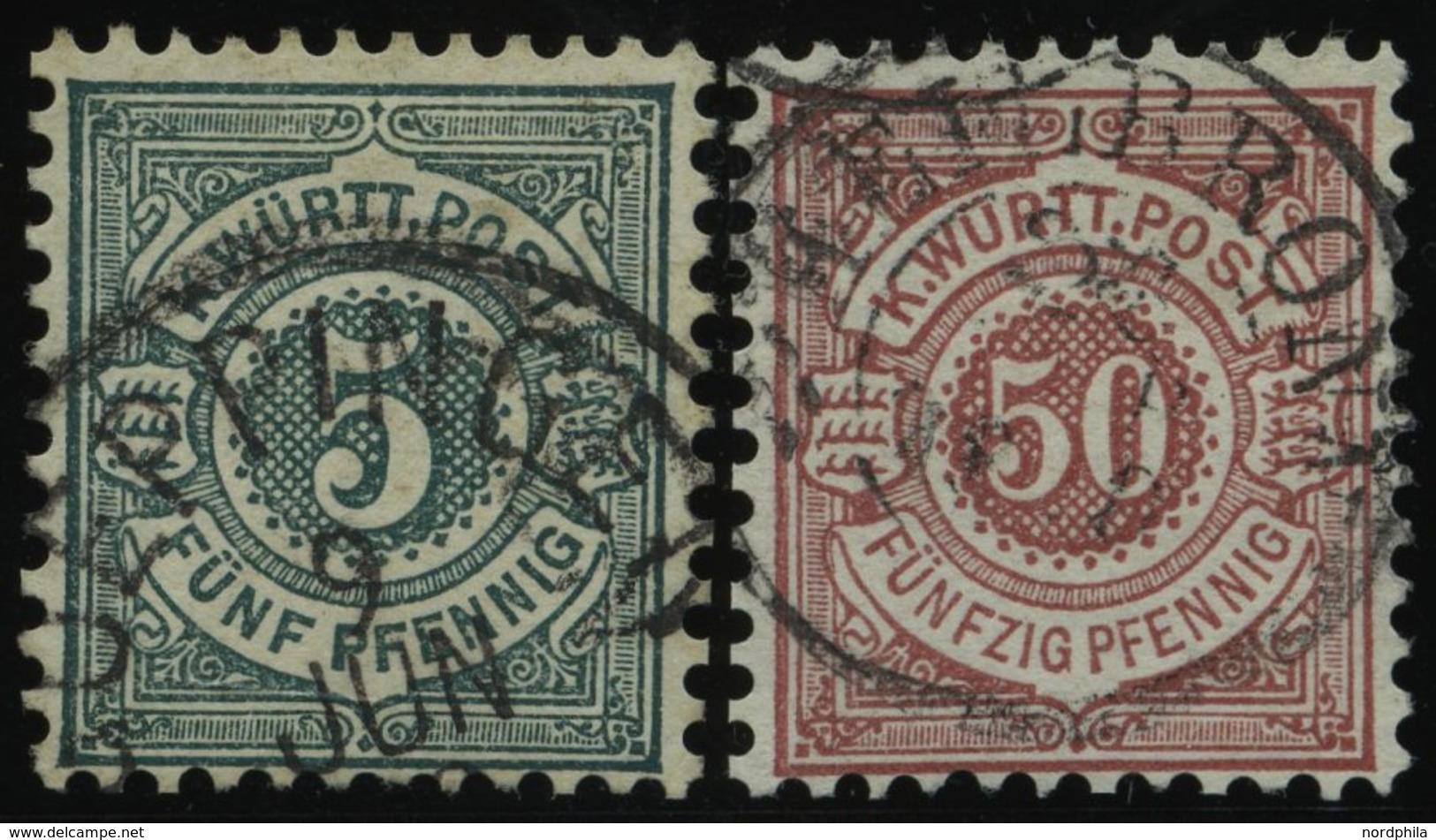 WÜRTTEMBERG 56b,58 O, 1890, 5 Pf. Schwarzblaugrün Und 50 Pf. Lebhaftbraunrot, 2 Prachtwerte, Mi. 115.- - Andere & Zonder Classificatie