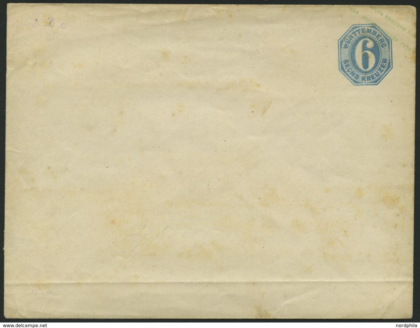 WÜRTTEMBERG U 2IAb BRIEF, 1862, 6 Kr. Hellblau, Großer Unregelmäßiger Überdruck, Klappenstempel 1, Format A, Ungebraucht - Altri & Non Classificati