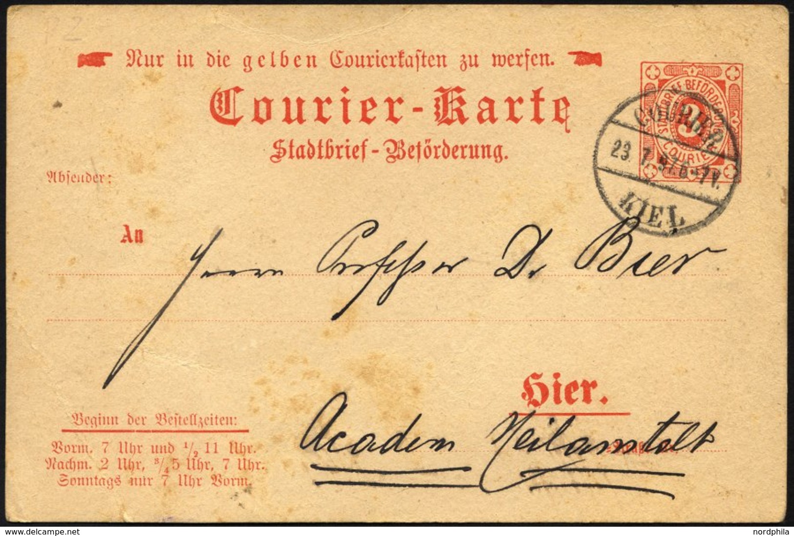 KIEL A P 2 BRIEF, COURIER: 1896, 3 Pf. Rot, Ohne Rahmen, Stempel 23.7.97, Karte Feinst (etwas Fleckig) - Correos Privados & Locales