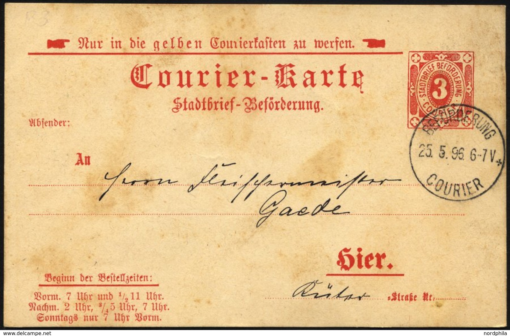 KIEL A P 3 BRIEF, COURIER: 1895, 3 Pf. Rot, Ohne Rahmen, Stempel 25.5.96, Karte Minimal Fleckig Sonst Pracht - Private & Lokale Post
