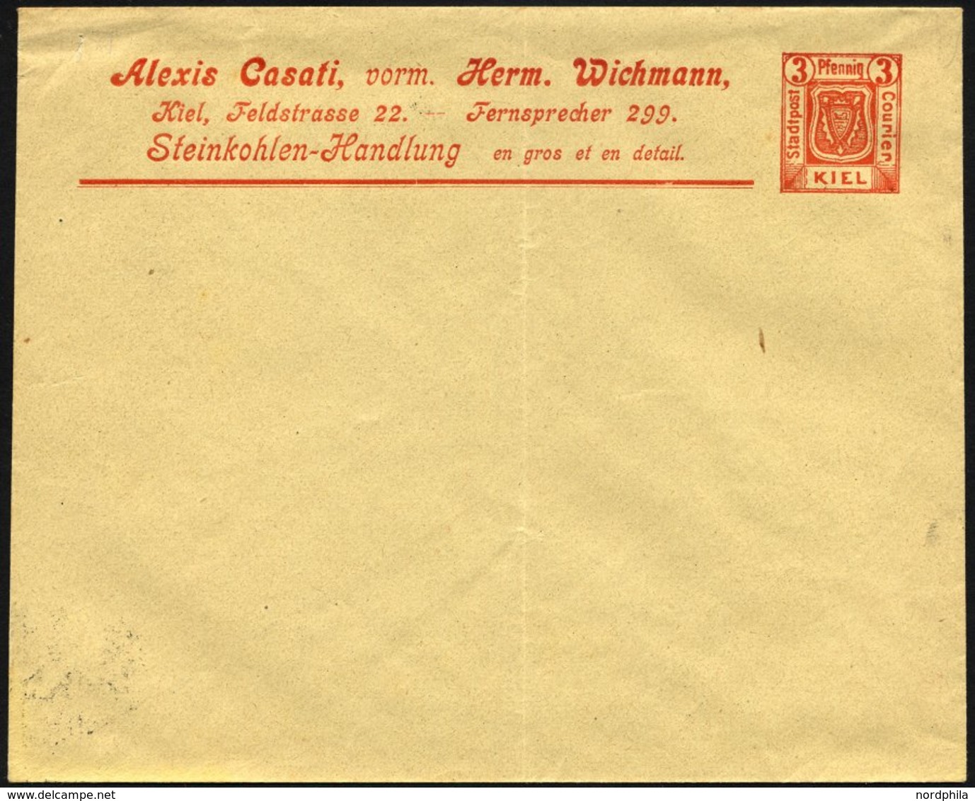 KIEL A PU 3 BRIEF, COURIER: 1899, Privatumschlag 3 Pf. Orange, Ungebraucht, Feinst - Posta Privata & Locale