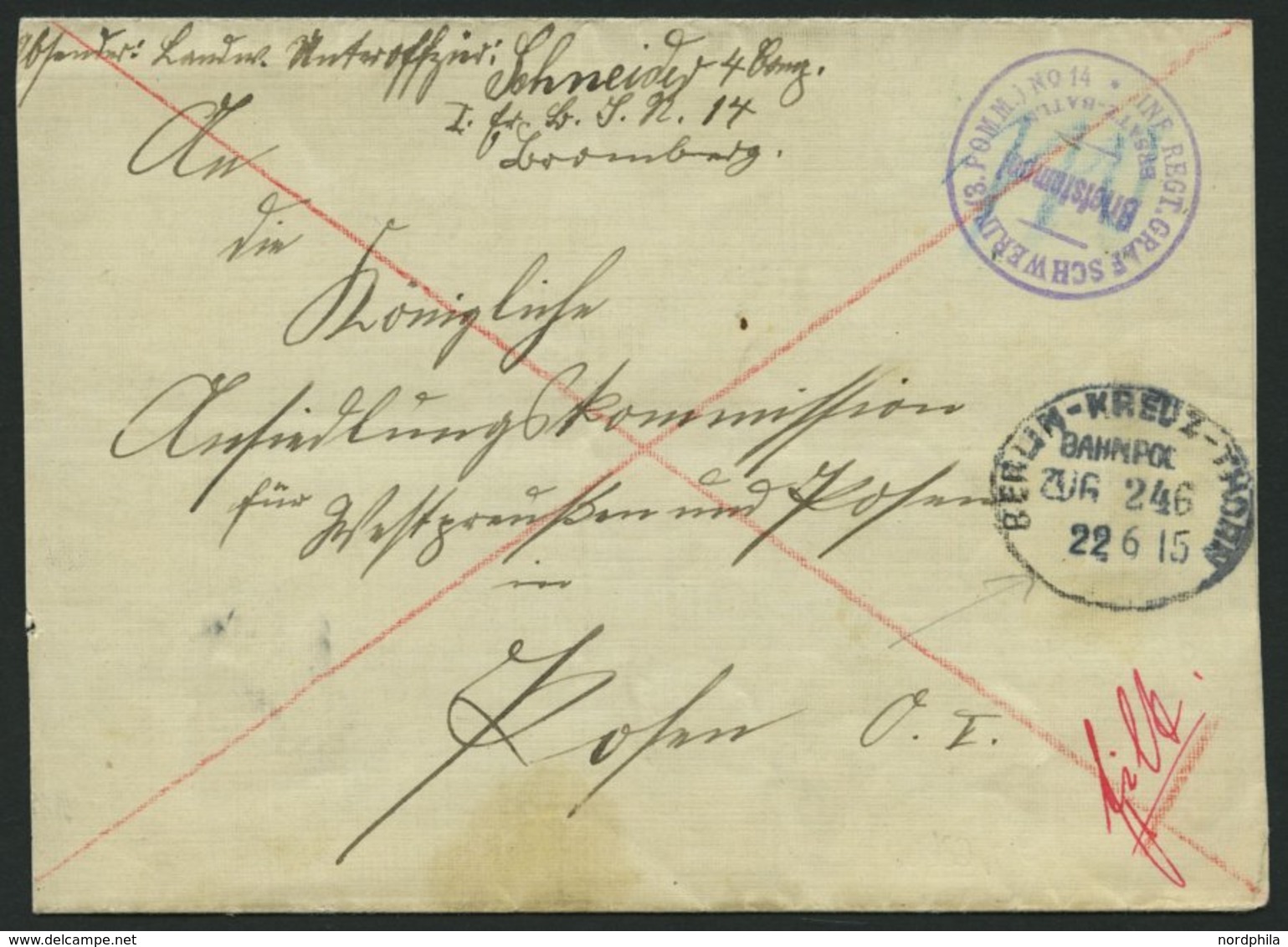 BAHNPOST Berlin-Kreuz-Torn (Zug 246) Auf Feldpostbrief, Handschriftlich Eilt, Mit Violettem Briefstempel Inf. Regt. Graf - Macchine Per Obliterare (EMA)