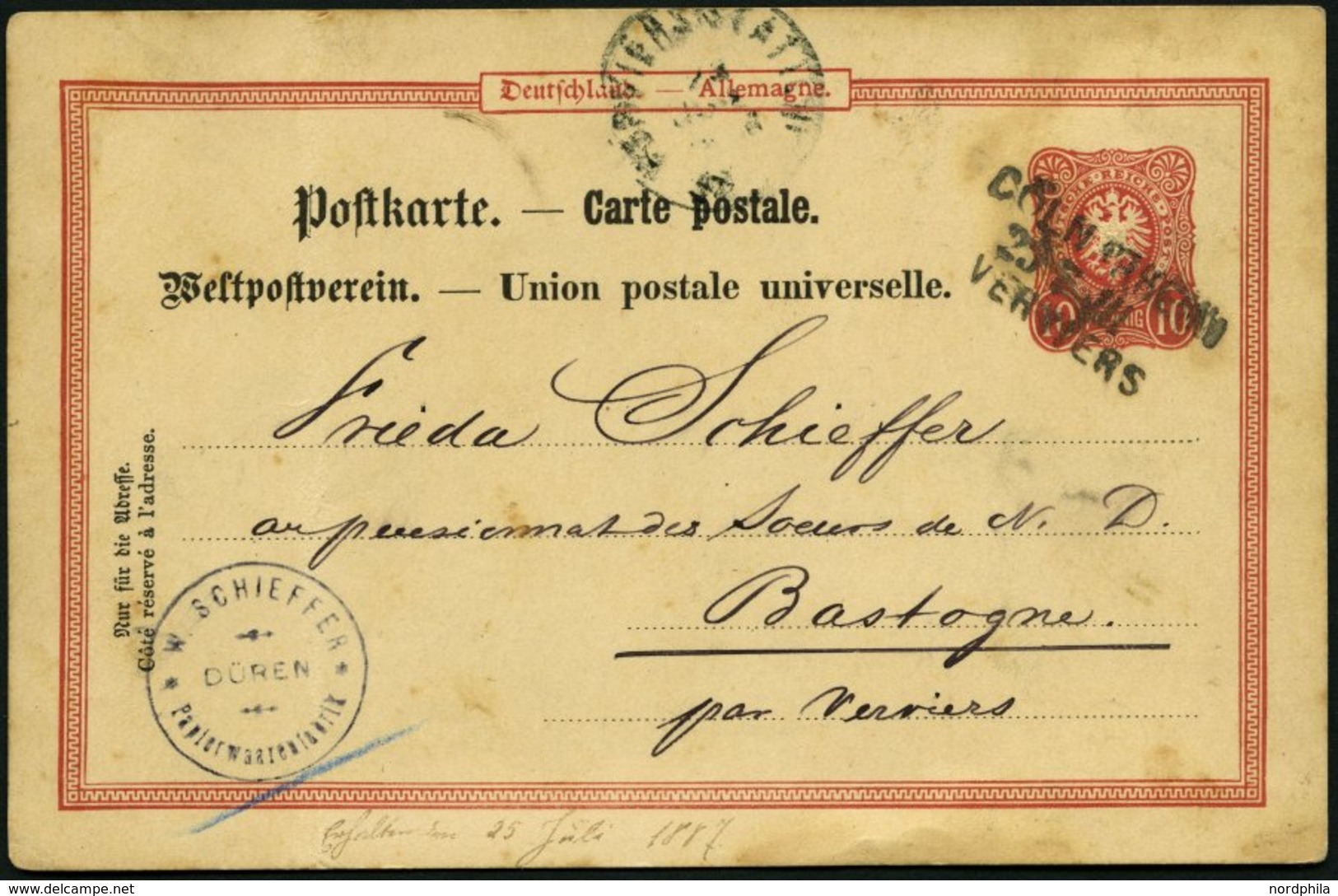 BAHNPOST DR P 14 BRIEF, Cöln-Verriers, L3 Und Firmenstempel DÜREN Auf 10 Pf. Ganzsachenkarte Von 1887, Feinst - Macchine Per Obliterare (EMA)