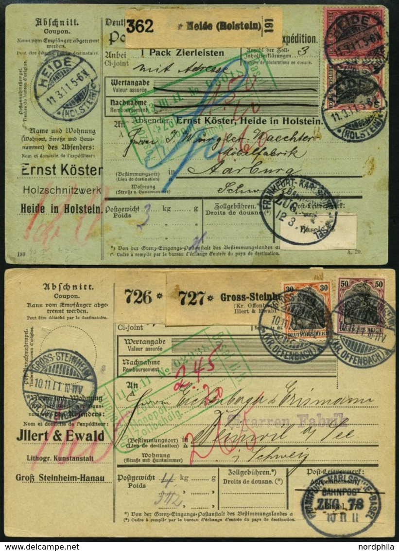 BAHNPOST Frankfurt-Karlsruhe-Basel, 1911, Auf 2 Auslands-Paketkarten In Die Schweiz, Feinst - Macchine Per Obliterare (EMA)