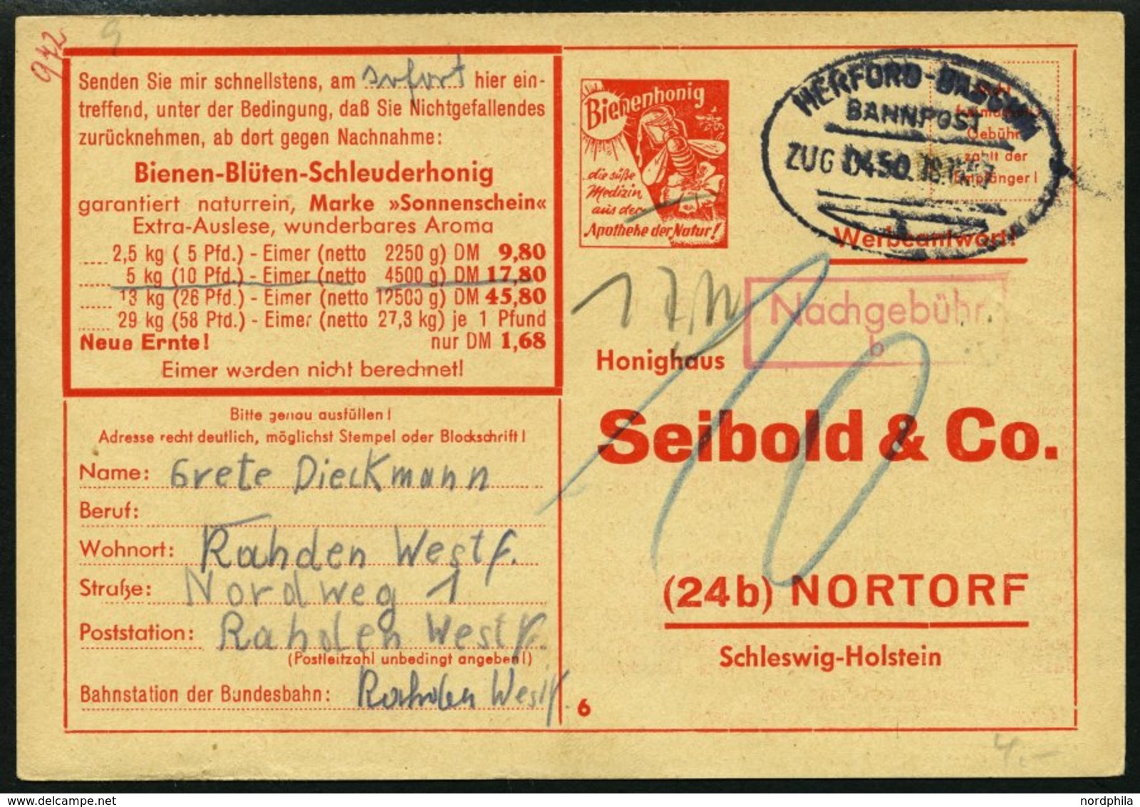 BAHNPOST Herford-Bassum (verschiedene Züge Und Typen), 1906-1957, 9 Belege Meist Pracht - Frankeermachines (EMA)