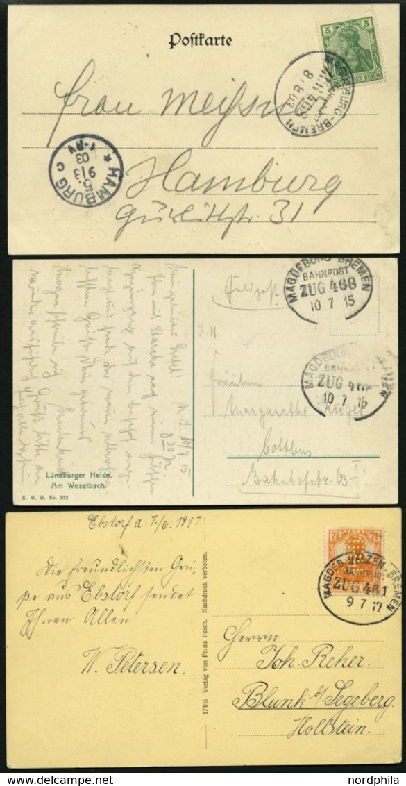 BAHNPOST Magdeburg-Bremen (Zug 268 (2x) Und 481), 1903-1917, 3 Ansichtskarten Sowie L3 Auf Brief Nach Stendal Von 1876,  - Frankeermachines (EMA)