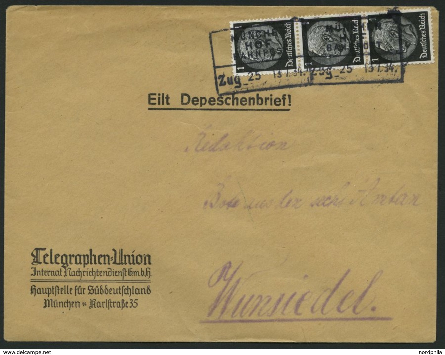 BAHNPOST München-Hof (Zug 25), R4 Auf Eil-Depeschenbrief Mit 3x 1 Pf. Hindenburg Von 1934, Pracht - Franking Machines (EMA)