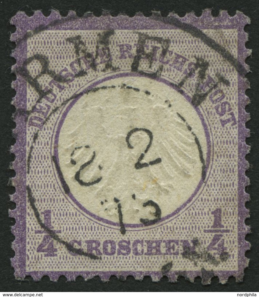 Dt. Reich 1 O, 1872, 1/4 Gr. Grauviolett, K2 BARMEN, Pracht, Gepr. Brugger, Mi. 120.- - Gebruikt