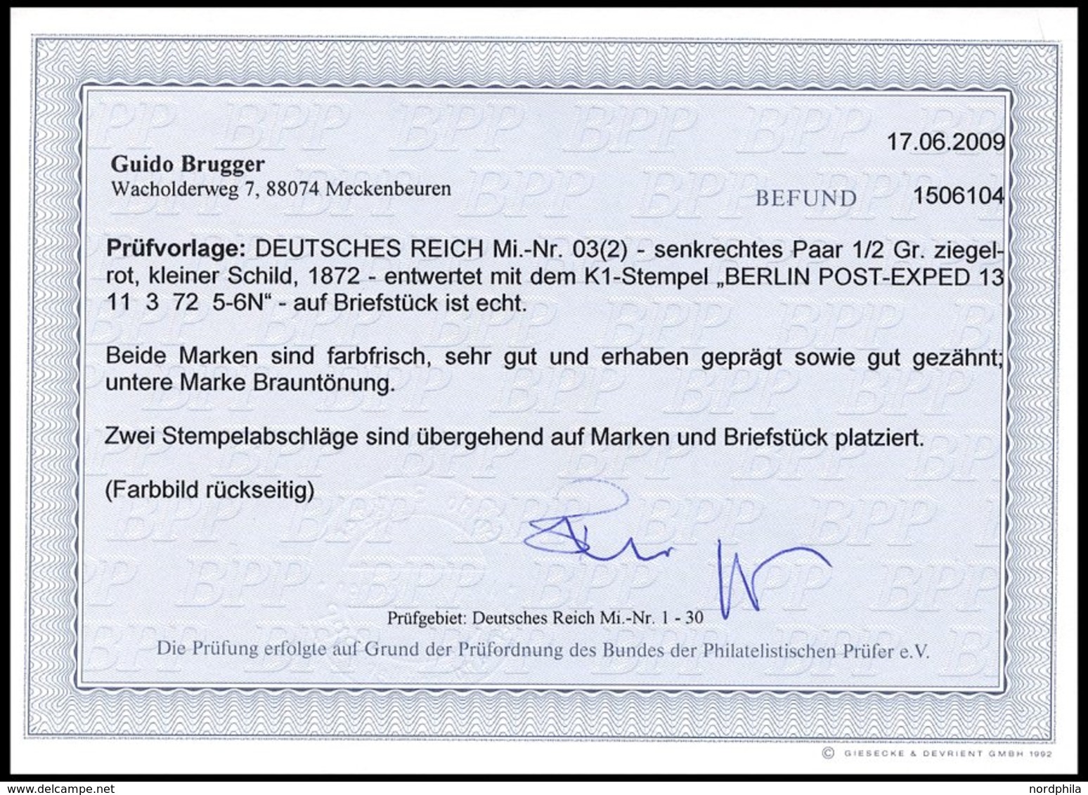 Dt. Reich 3 Paar BrfStk, 1872, 1/2 Gr. Ziegelrot Im Senkrechten Paar, K1 BERLIN POST-EXPED 13, Untere Marke Brauntönung  - Used Stamps