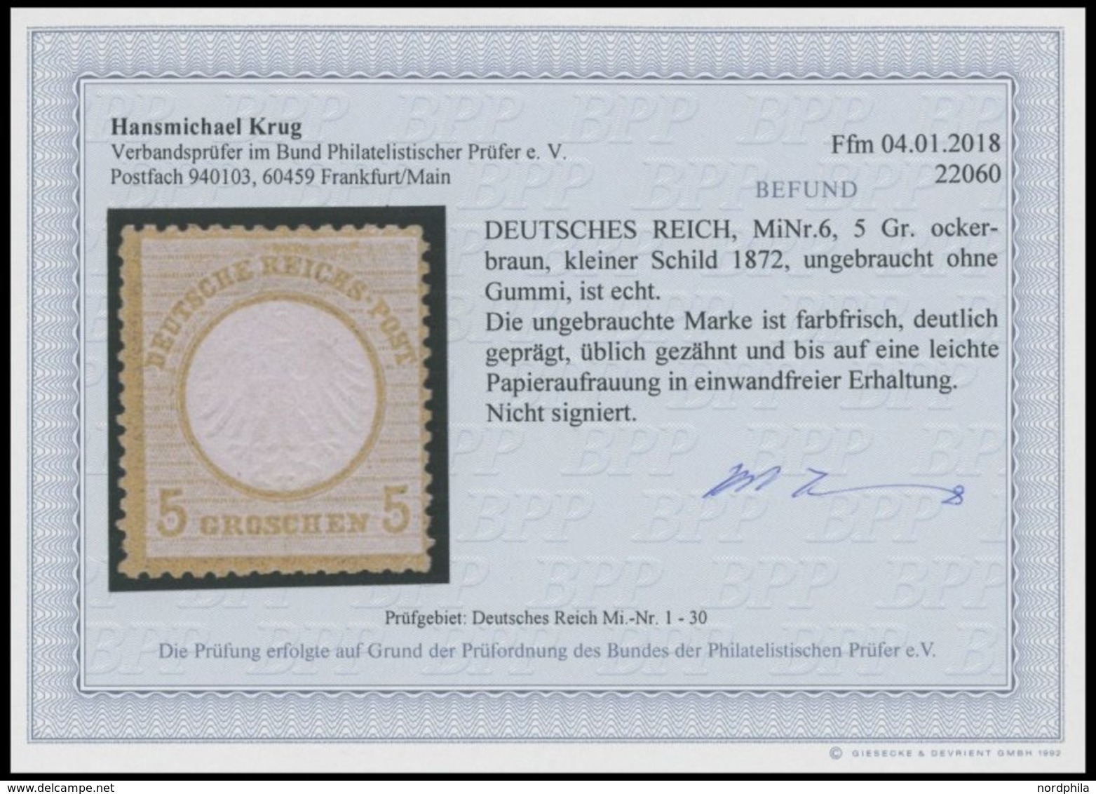 Dt. Reich 6 (*), 1872, 5 Gr. Ockerbraun, Ohne Gummi, Leichte Papieraufrauhung Sonst Farbfrisch Pracht, Fotobefund Krug,  - Used Stamps