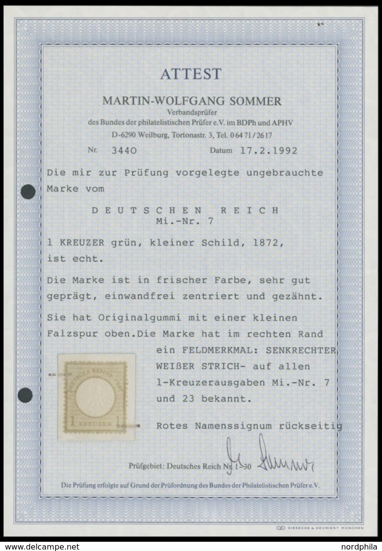 Dt. Reich 7 *, 1872, 1 Kr. Gelblichgrün Mit Feldmerkmal: Weißer Strich Im Rechten Rand, Falzrest, Farbfrisch, Kabinett,  - Used Stamps