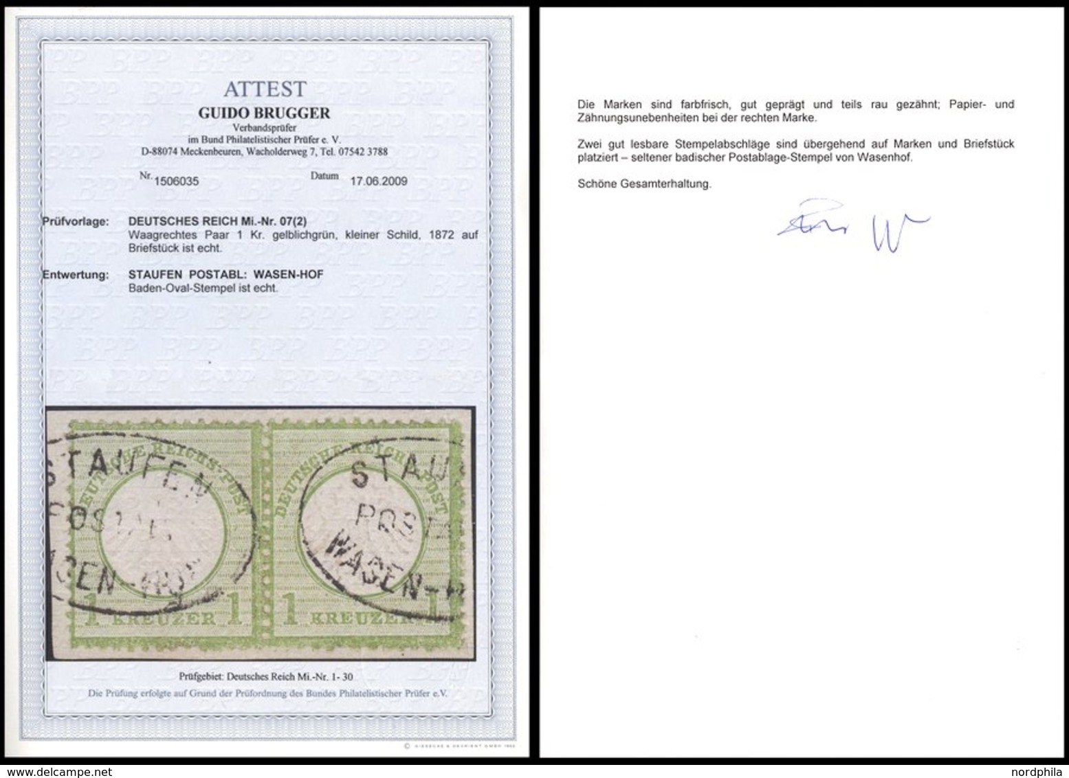 Dt. Reich 7 Paar BrfStk, 1872, 1 Kr. Gelblichgrün Im Waagerechten Paar, Postablagestempel STAUFEN/WASEN-HOF, üblich Gezä - Oblitérés