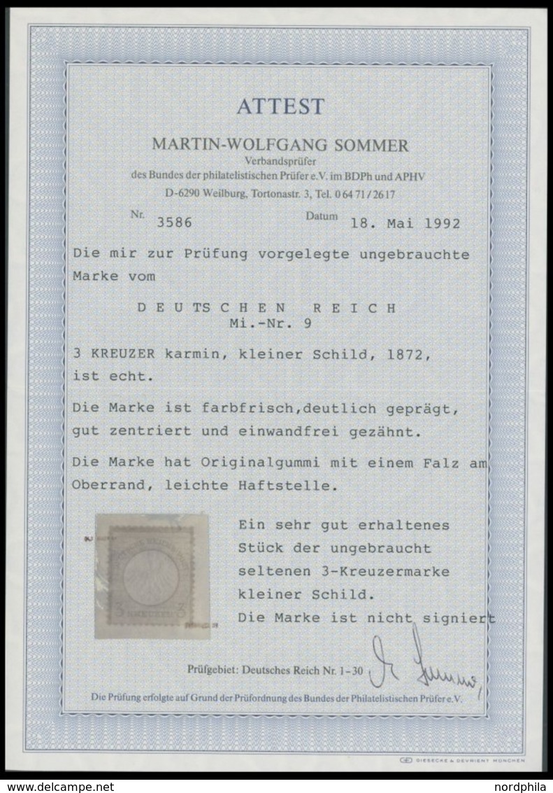 Dt. Reich 9 *, 1872, 3 Kr. Karmin, Falzreste, Farbfrisches, Sehr Gut Gezähntes Prachtstück, Fotoattest Sommer, Mi. (2400 - Used Stamps