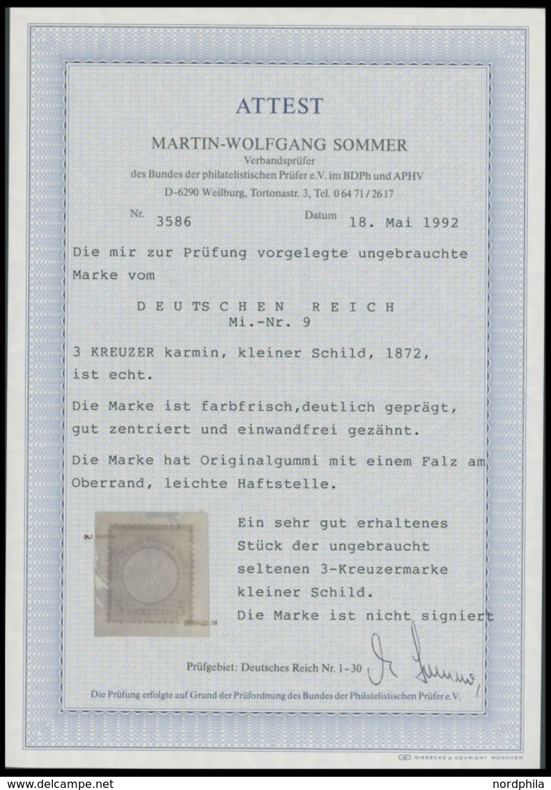 Dt. Reich 9 *, 1872, 3 Kr. Karmin, Falzreste, Farbfrisches, Sehr Gut Gezähntes Prachtstück, Fotoattest Sommer, Mi. (2400 - Gebruikt