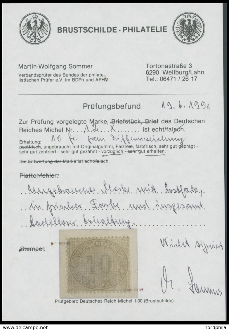 Dt. Reich 12 *, 1872, 10 Gr. Hellgraubraun, Falzrest, Kabinett, Fotobefund Sommer, Mi. (75.-) - Oblitérés