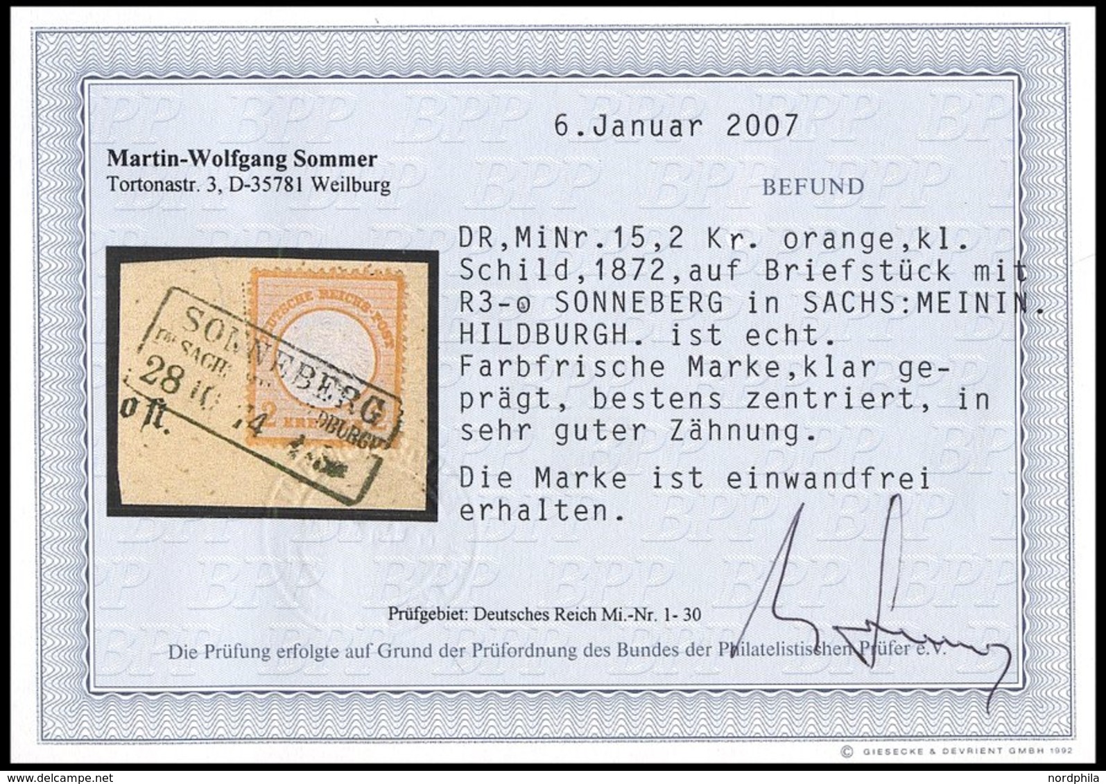Dt. Reich 15 BrfStk, 1872, 2 Kr. Orange, R3 SONNEBERG In SACHS:MEININ. HILDBURGH., Prachtbriefstück, Mi. (250.-) - Used Stamps
