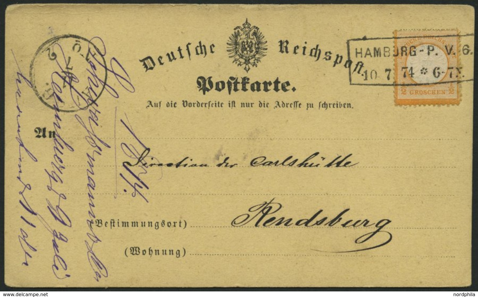 Dt. Reich 18 BRIEF, 1874, 1/2 Gr. Orange Auf Postkarte Mit R2 HAMBURG-P.V.6, Nach Rendsburg, Pracht - Oblitérés