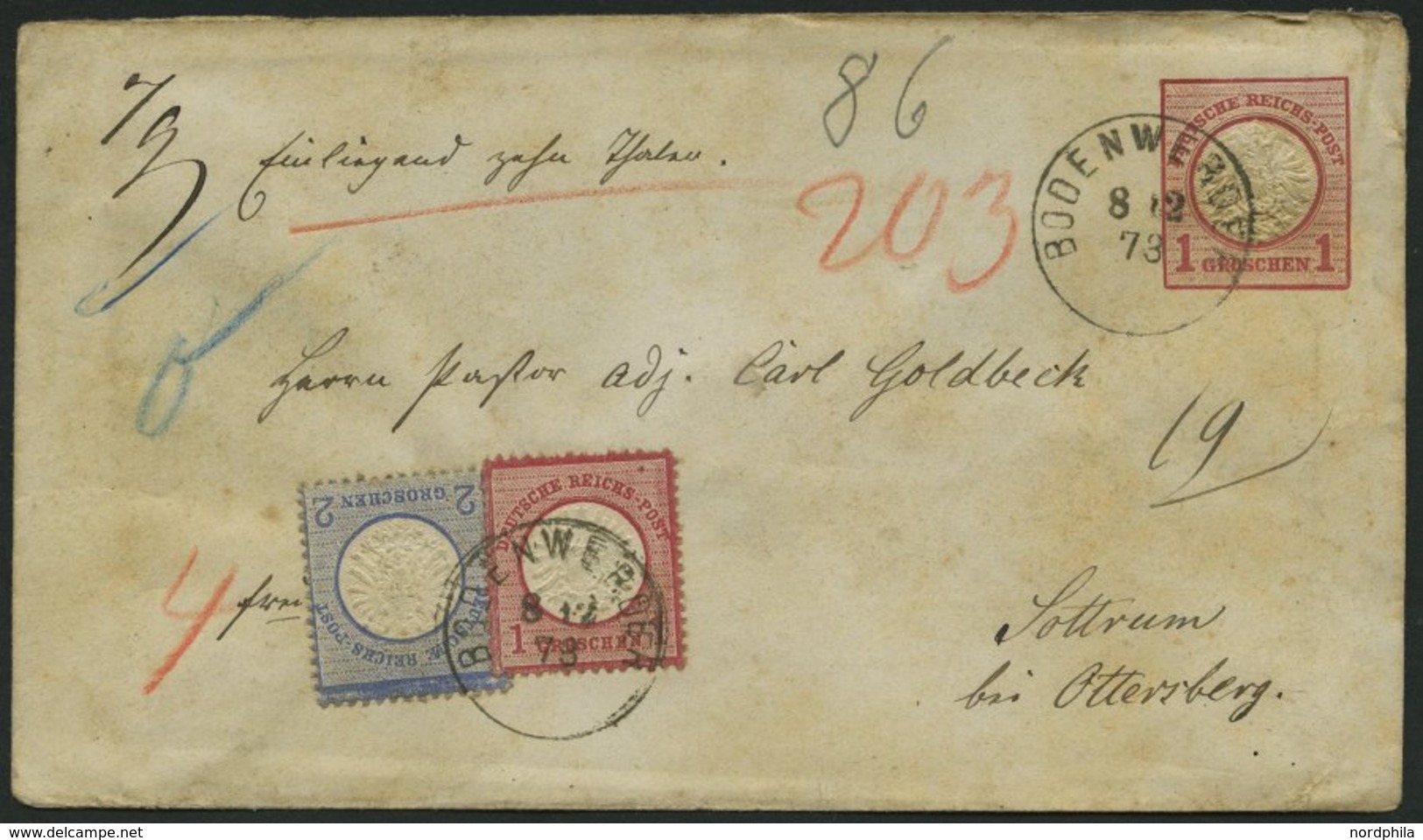 Dt. Reich 19/20 BRIEF, 1873, 1 Gr. Rotkarmin Und 2 Gr. Ultramarin Als Zusatzfrankatur Auf 1 Gr. Ganzsachenumschlag (U 5) - Used Stamps