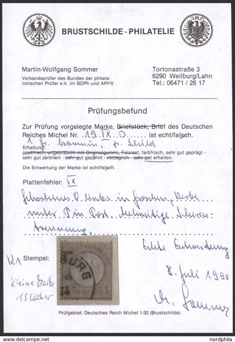 Dt. Reich 19IX O, 1872, 1 Gr. Rotkarmin Mit Plattenfehler O Und H In Groschen Gebrochen, Kerbe Unter P Von Post, Feinst  - Used Stamps