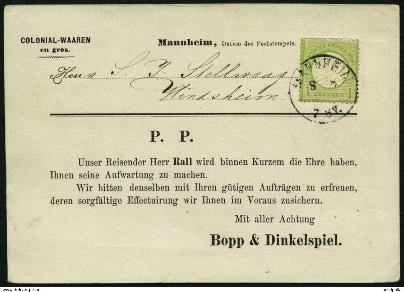 Dt. Reich 23a BRIEF, 1874, 1 Kr. Gelblichgrün, Kleine Marke (15L) Auf Gedruckter Vertreterkarte Mit K1 MANNHEIM, Pracht - Gebruikt