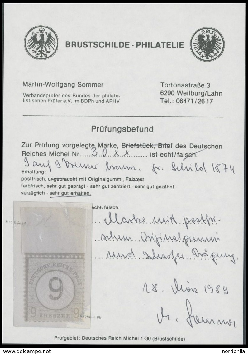 Dt. Reich 30 **, 1874, 9 Auf 9 Kr. Braunorange Mit Breitem Oberrand, Postfrisch, Pracht, Fotobefund Sommer - Gebruikt