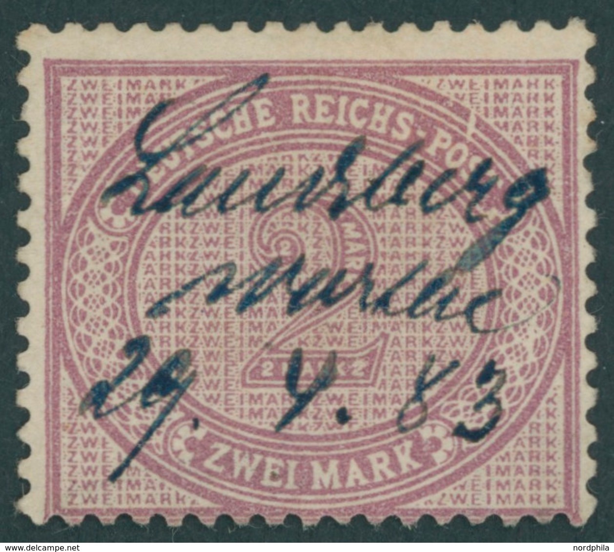 Dt. Reich 37bI ~ , 1875, 2 M. Lilapurpur Mit Plattenfehler Weißer Strich über O In Post, Blaue Handschriftliche Entwertu - Usados