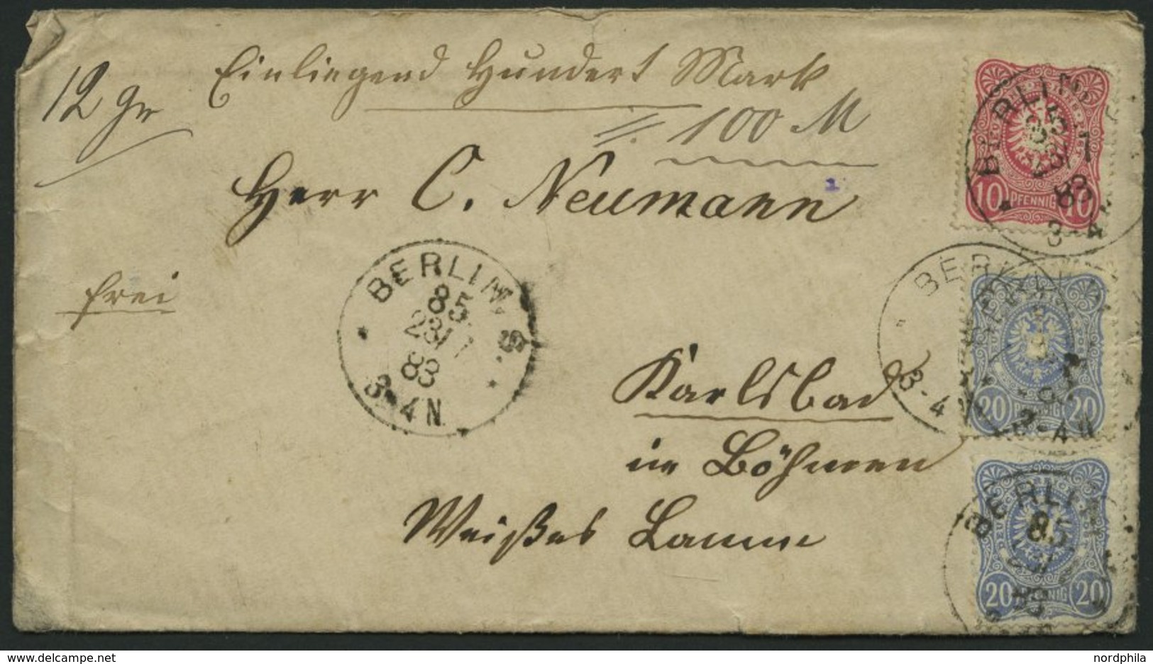Dt. Reich 41/2 BRIEF, 1893, 10 Pf. Karmin Und 2x 20 Pf. Ultramarin Auf Geldbrief Mit Stempeln BERLIN S. 85, Feinst - Used Stamps