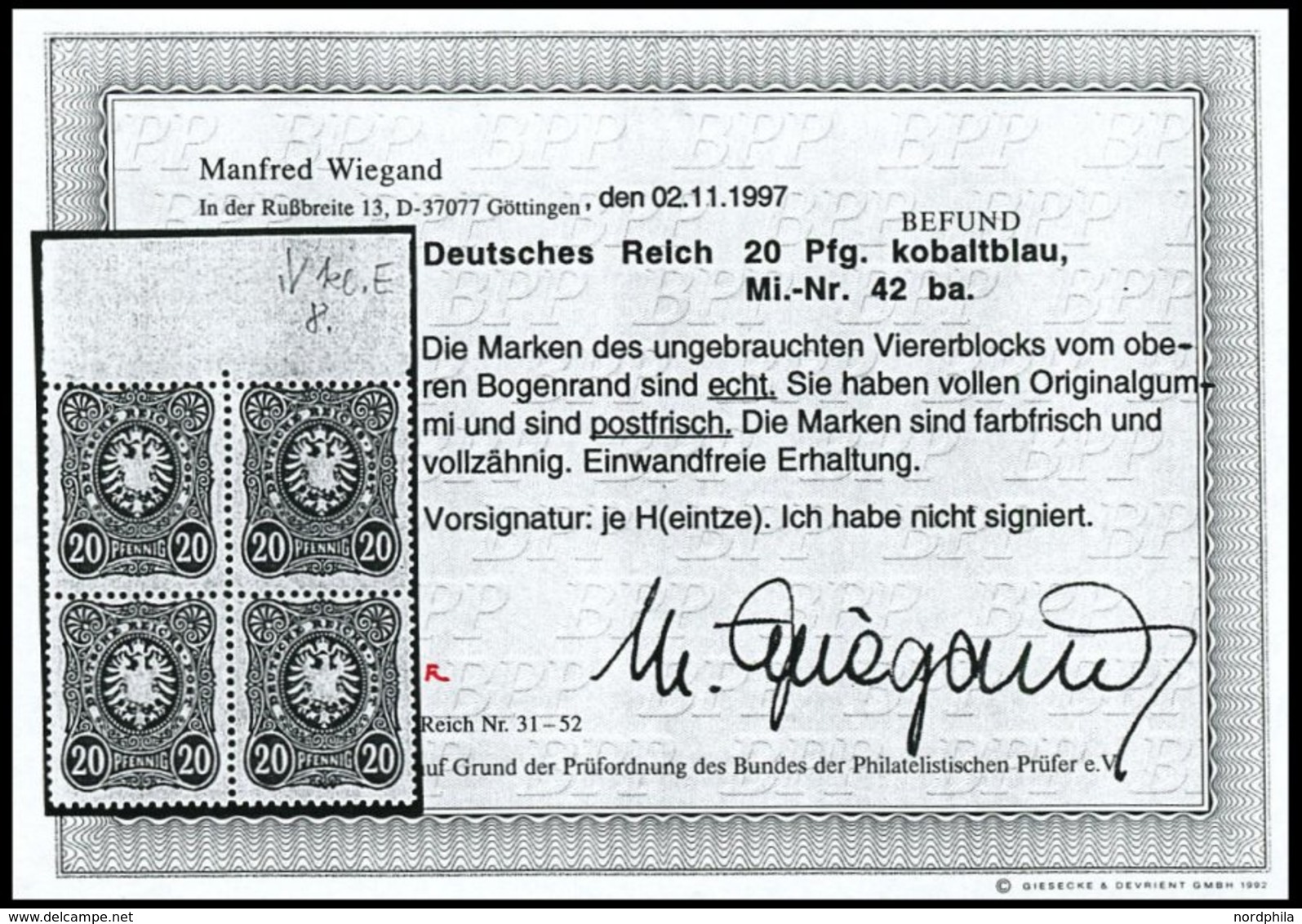 Dt. Reich 42ba **, 1885, 20 Pf. Lebhaftultramarin, Postfrisch, Pracht, Attestkopie Wiegand Eines Ehemaligen Viererblocks - Gebruikt