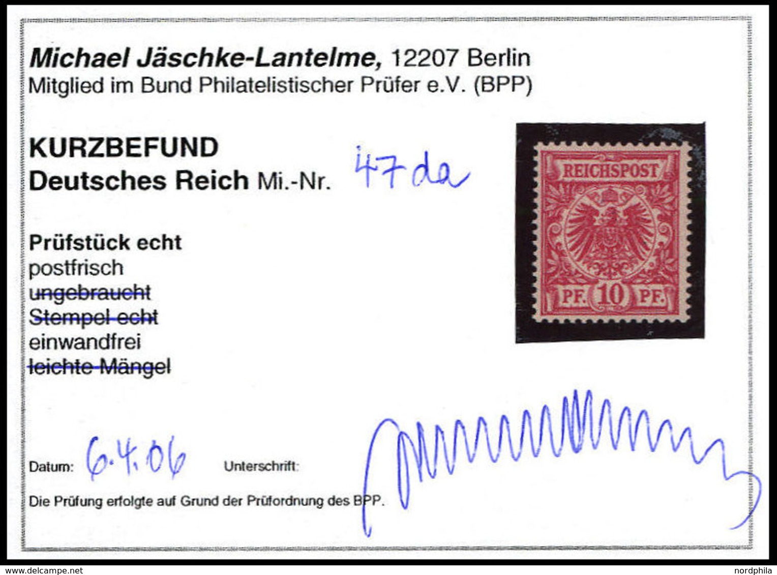 Dt. Reich 47da **, 1893, 10 Pf. Rotkarmin, Postfrisch, Pracht, Kurzbefund Jäschke-L., Mi. 150.- - Sonstige & Ohne Zuordnung