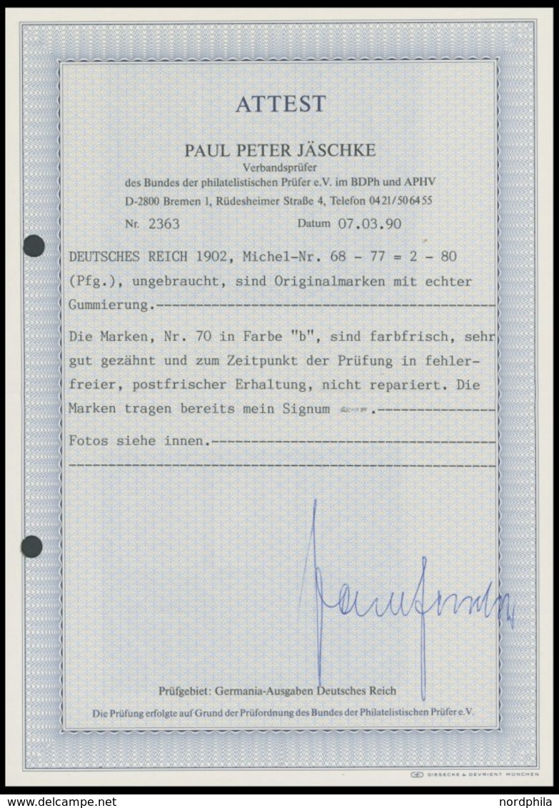 Dt. Reich 68-77 **, 1902, 2 - 80 Pf. Germania, Ohne Wz., Postfrischer Prachtsatz, Fotoattest Jäschke , Mi. 2500.- - Andere & Zonder Classificatie