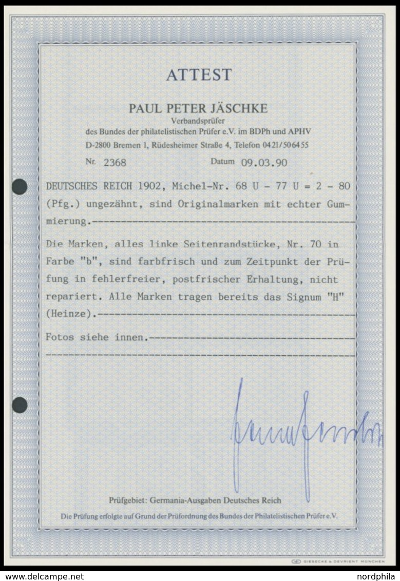 Dt. Reich 68-77U **, 1902, 2 - 80 Pf. Germania, Ohne Wz., Ungezähnt, Alle Einheitlich Mit Linkem Seitenrand, Postfrische - Other & Unclassified