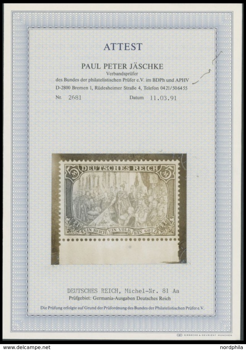 Dt. Reich 81Aa **, 1904, 5 M. Grünschwarz/dunkelkarmin, Gelblichrot Quarzend, Gezähnt A, Ohne Wz., Unterrandstück, Postf - Andere & Zonder Classificatie