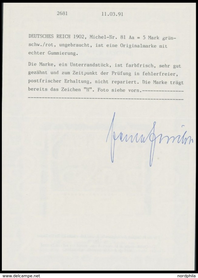 Dt. Reich 81Aa **, 1904, 5 M. Grünschwarz/dunkelkarmin, Gelblichrot Quarzend, Gezähnt A, Ohne Wz., Unterrandstück, Postf - Altri & Non Classificati