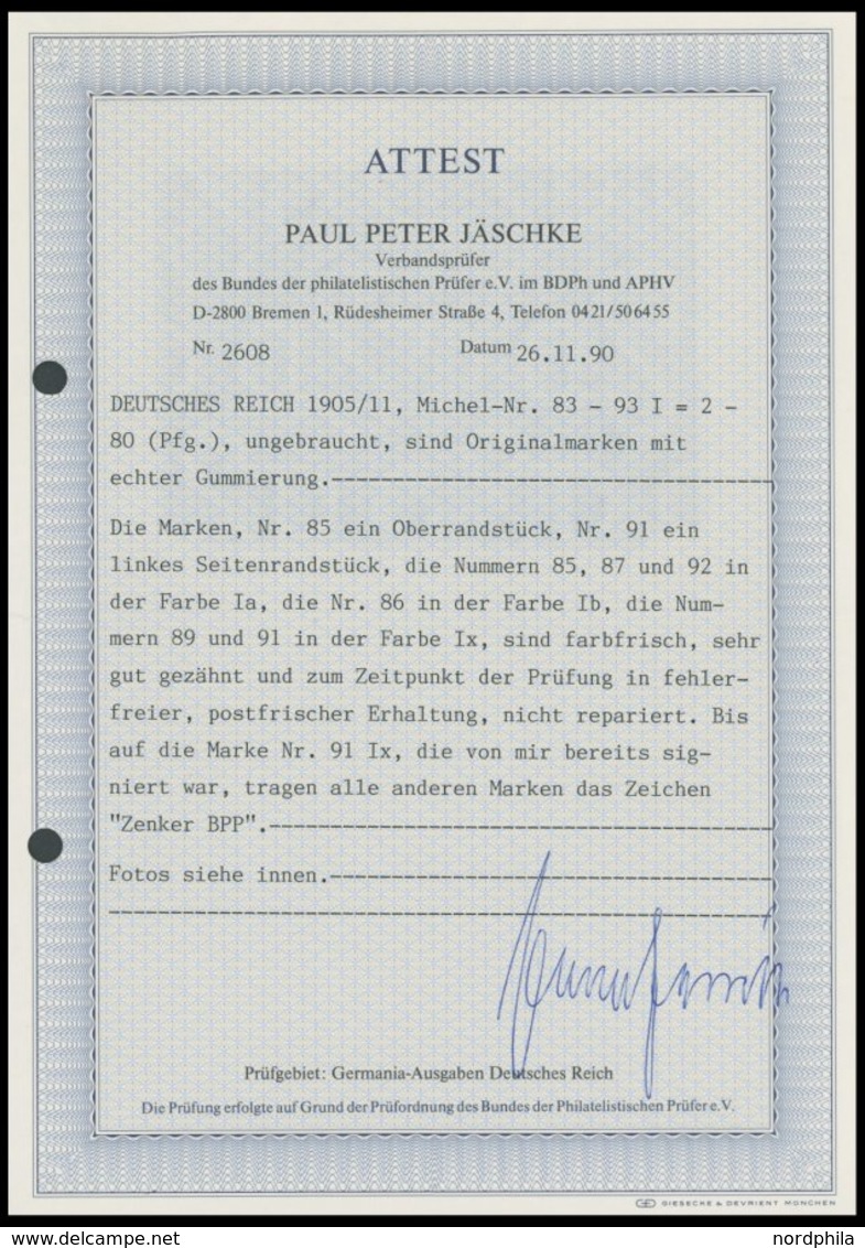 Dt. Reich 83-93I **, 1905/11, Germania, Friedensdruck, Postfrischer Prachtsatz, Gepr. Zenker Und Fotoattest Jäschke, Mi. - Andere & Zonder Classificatie