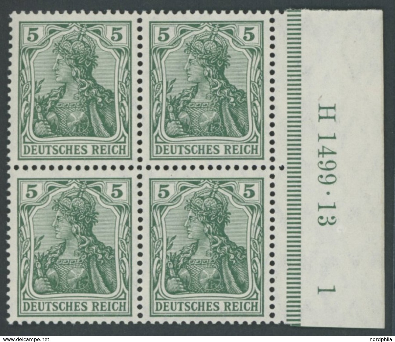 Dt. Reich 85Ia HAN VB **, 1905, 5 Pf. Grün Friedensdruck Im Randviererblock Mit HAN H 1499.13 Und Plattennummer 1, Postf - Other & Unclassified