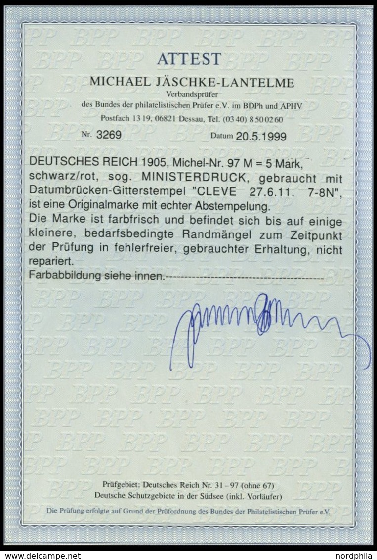 Dt. Reich 97AIM O, 1905, 5 M. Ministerdruck, Rahmen Dunkelgelbocker Quarzend, Fotoattest Jäschke-L.: Die Marke Ist Farbf - Andere & Zonder Classificatie