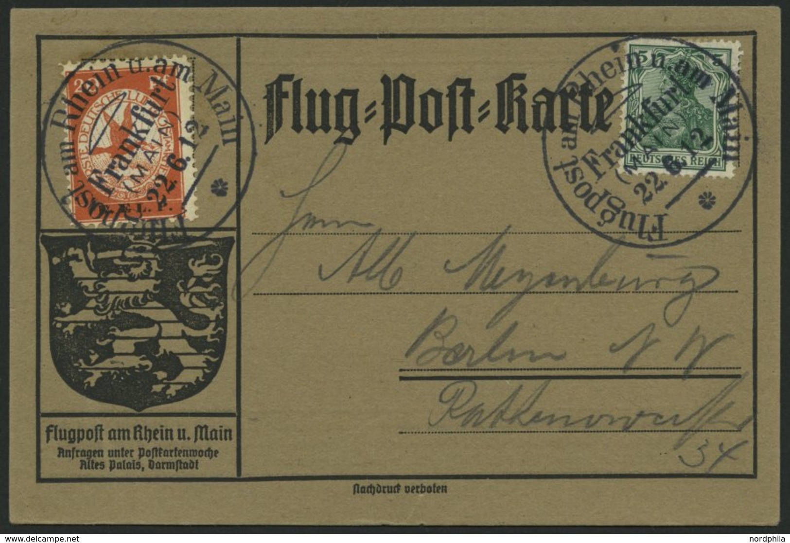 Dt. Reich VI BRIEF, 1912, 20 Pf. E.EL.P. Mit Sonderstempel Frankfurt 22.6.12, Prachtkarte, Mi. 2200.- - Other & Unclassified