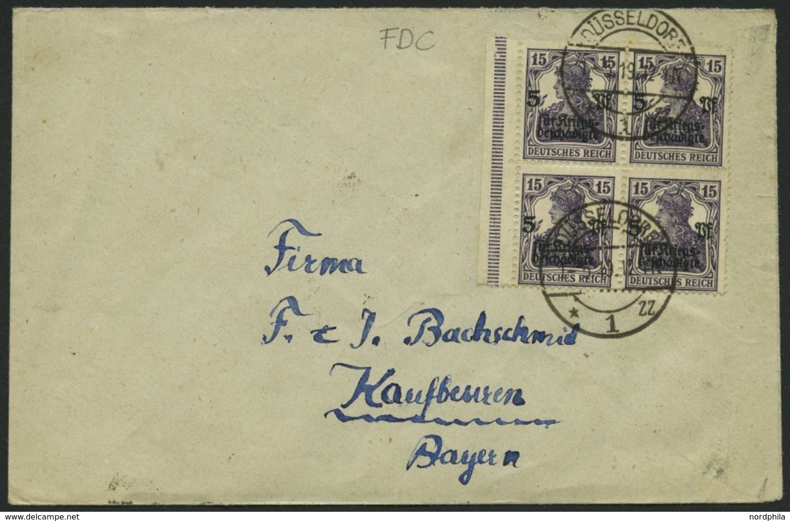 Dt. Reich 106a VB BRIEF, 1919, 15 Pf. Dunkelviolett Kriegsgeschädigte Im Randviererblock Mit Ersttagsstempel Auf Brief,  - Usati