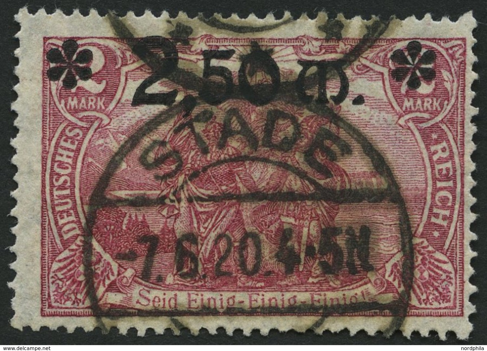 Dt. Reich 118b O, 1920, 2.50 M. Auf 2 M. Lilarosa, Pracht, Gepr. Dr. Oechsner, Mi. (250.-) - Gebraucht