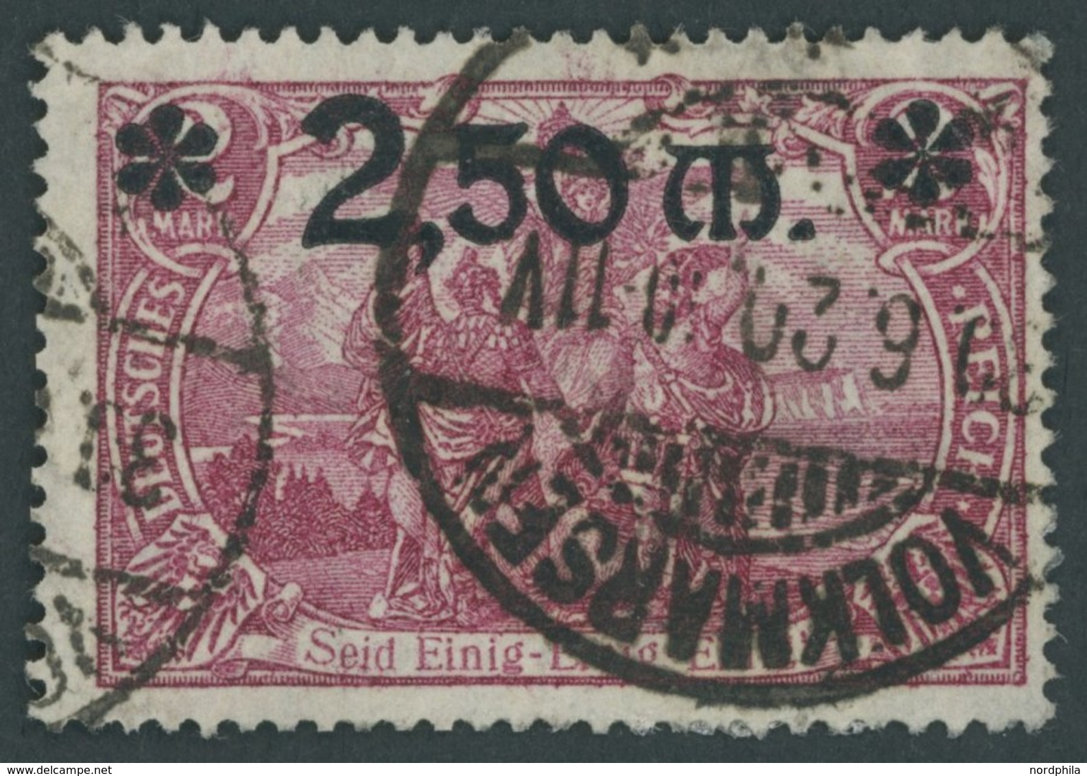 Dt. Reich 118b O, 1920, 2.50 M. Auf 2 M. Lilarosa, Feinst (Eckbüge), Gepr. Bauer, Mi. 250.- - Usati