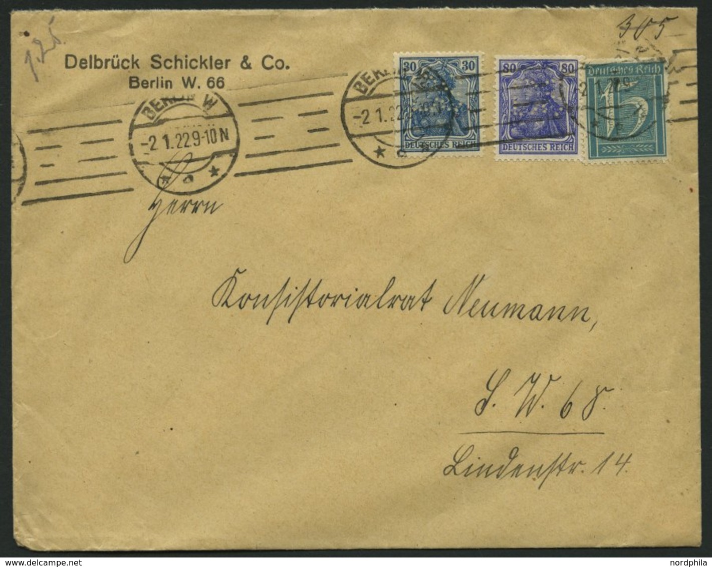 Dt. Reich 149aI BRIEF, 1922, 80 Pf. Lilaultramarin, Type I, Mit Zusatzfrankatur Auf Brief, Firmenlochung D S, Pracht - Usados