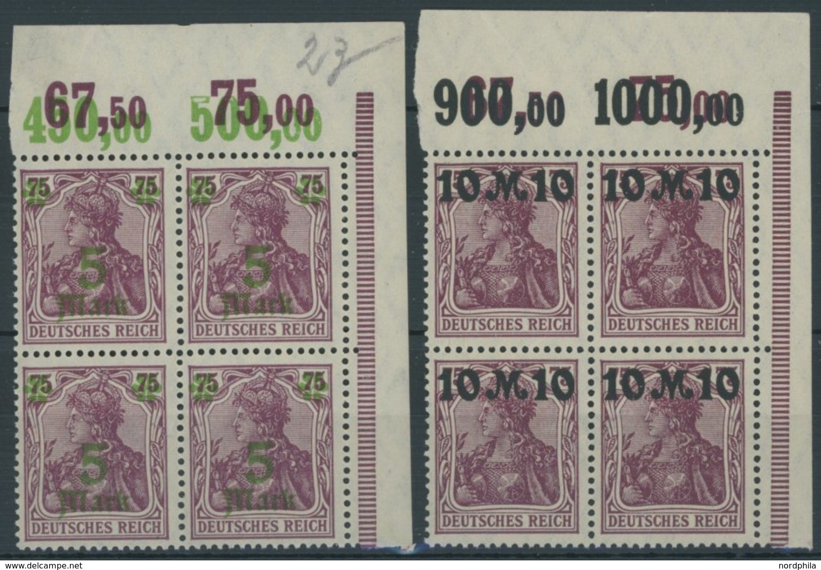 Dt. Reich 156/7I VB **, 1921, 5 M. Auf 75 Pf. Und 10 M. Auf 75 Pf., Aufdruck Rußig, Je Im Oberen Rechten Eckrandviererbl - Used Stamps
