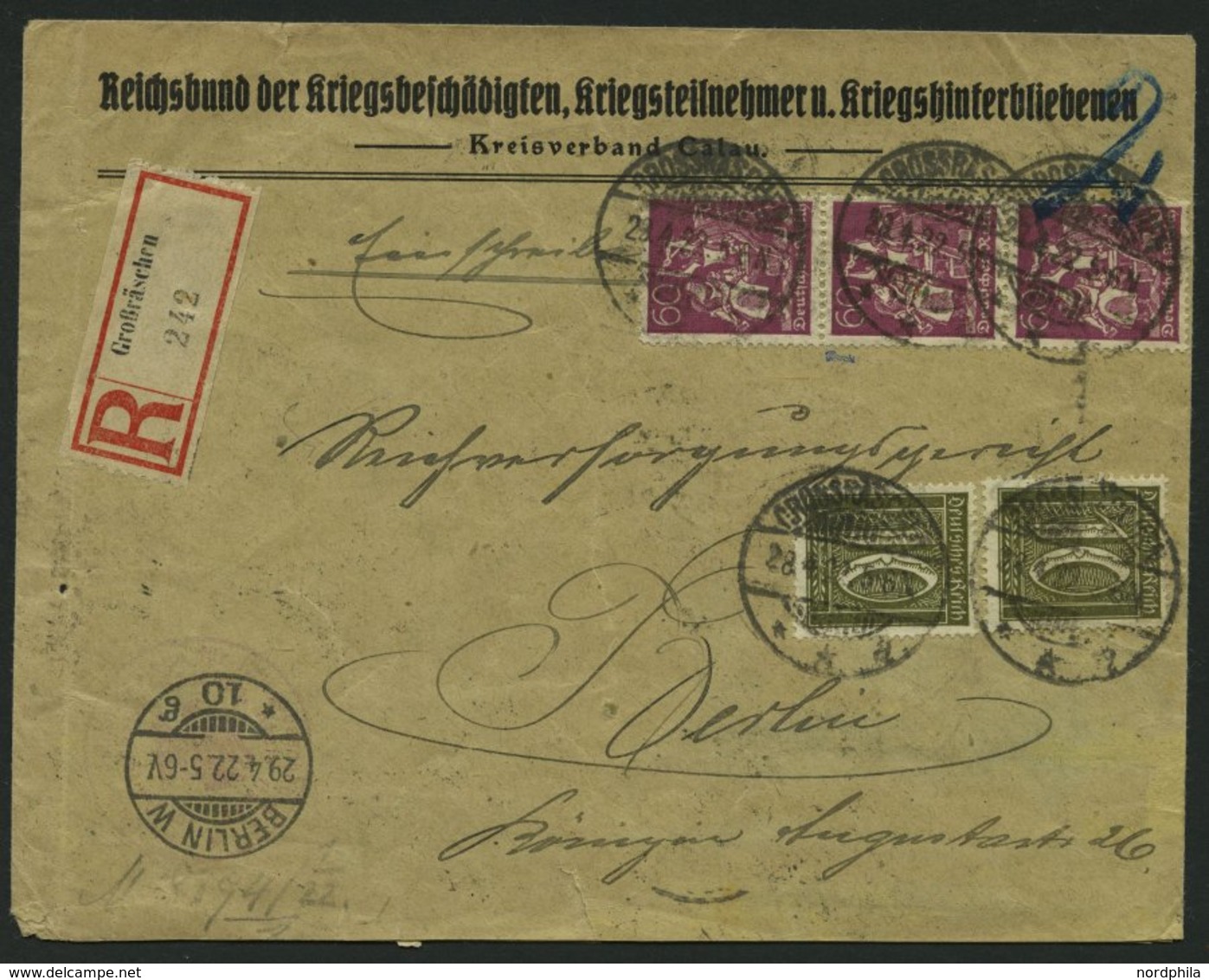 Dt. Reich 178 BRIEF, 1922, 10 Pf. Braunoliv, Wz. 2, 2 Prachtwerte Auf Nicht Perfektem Einschreibbrief Mit Zusatzfrankatu - Used Stamps