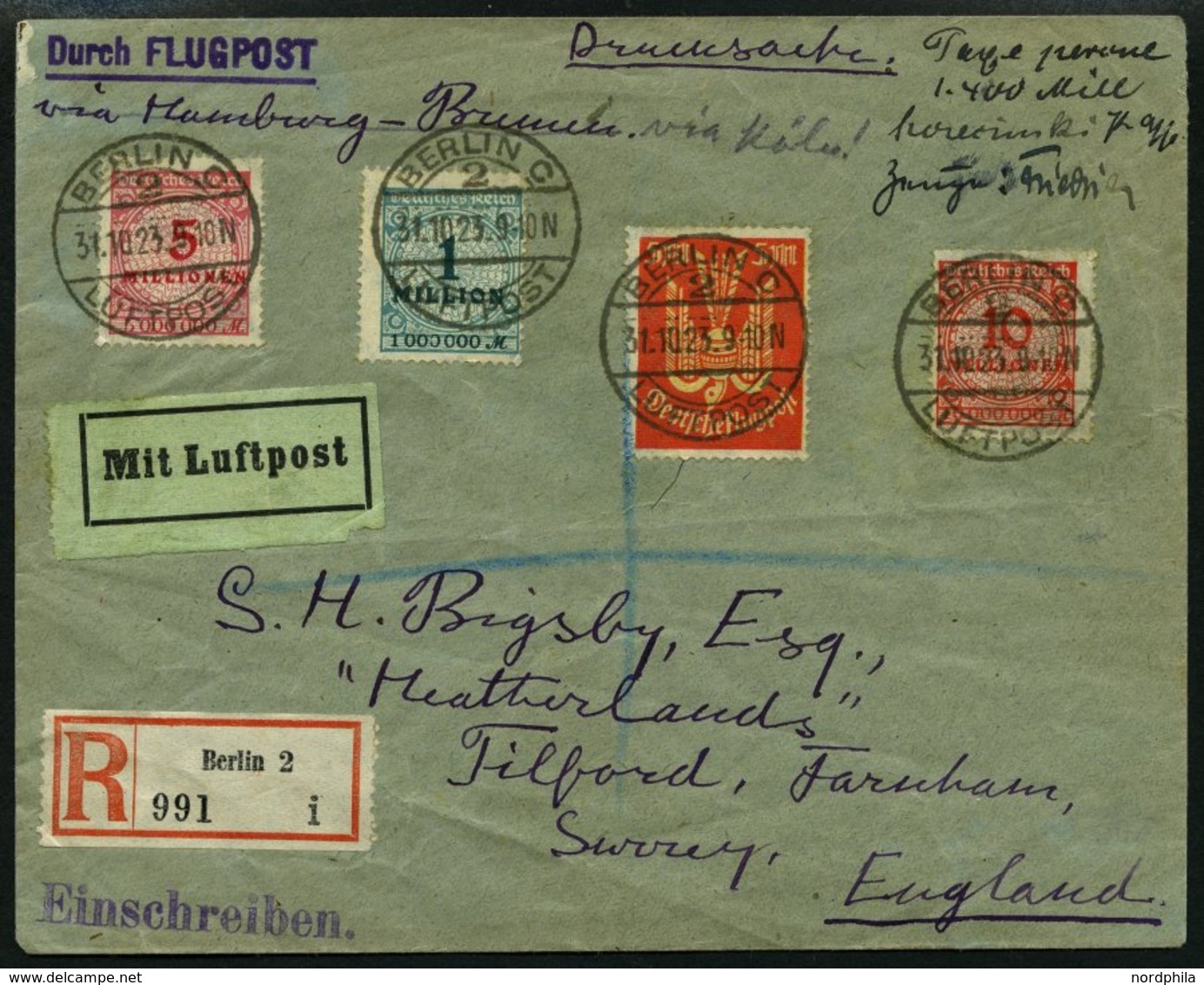 Dt. Reich 218 BRIEF, 1923, 5 M. Holztaube Mit Zusatzfrankatur Und Handschriftlicher Teil-Barfrankatur Auf Luftpost-Einsc - Usati