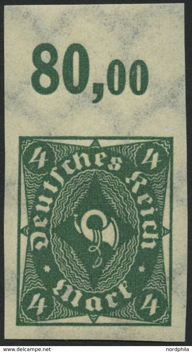 Dt. Reich 226aUPOR **, 1922, 4 M. Dunkelgrün, Ungezähnt, Oberrandstück, Pracht, Mi. -.- - Used Stamps