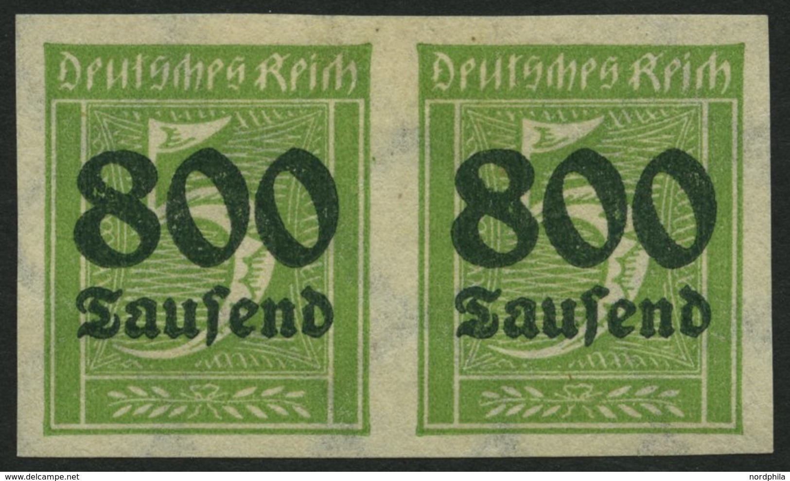 Dt. Reich 301U Paar *, 1923, 800 Tsd. Auf 5 Pf. Gelblichgrün, Ungezähnt Im Waagerechten Paar, Falzrest, Pracht, Signiert - Used Stamps