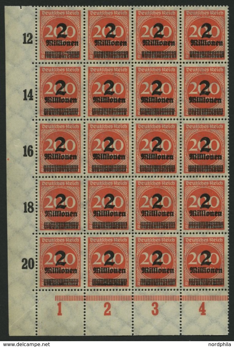 Dt. Reich 309APc **, 1923, 2 Mio. Auf 200 M. Orangerot, Plattendruck, 20x Im Bogenteil Aus Der Linken Unteren Bogenecke, - Gebraucht