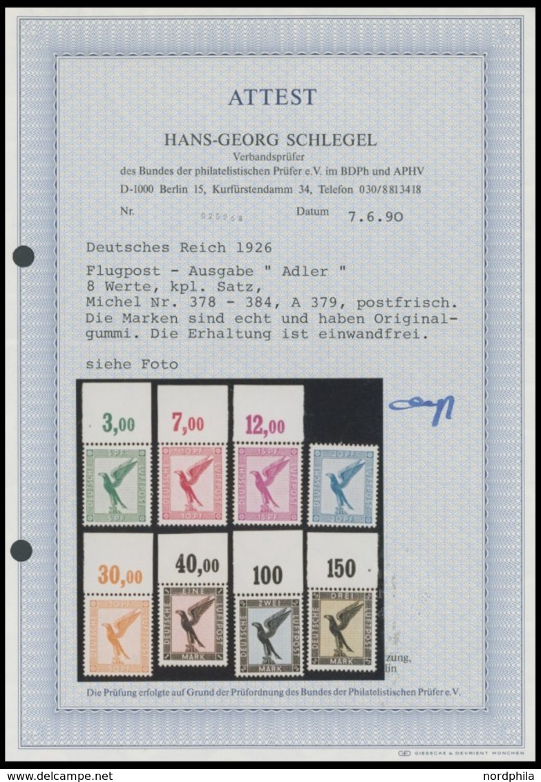 Dt. Reich 378-84 **, 1926, Adler, Bis Auf 20 Pf. Alle Mit Oberrand, Postfrischer Prachtsatz, Unsigniert, Fotoattest H.G. - Autres & Non Classés